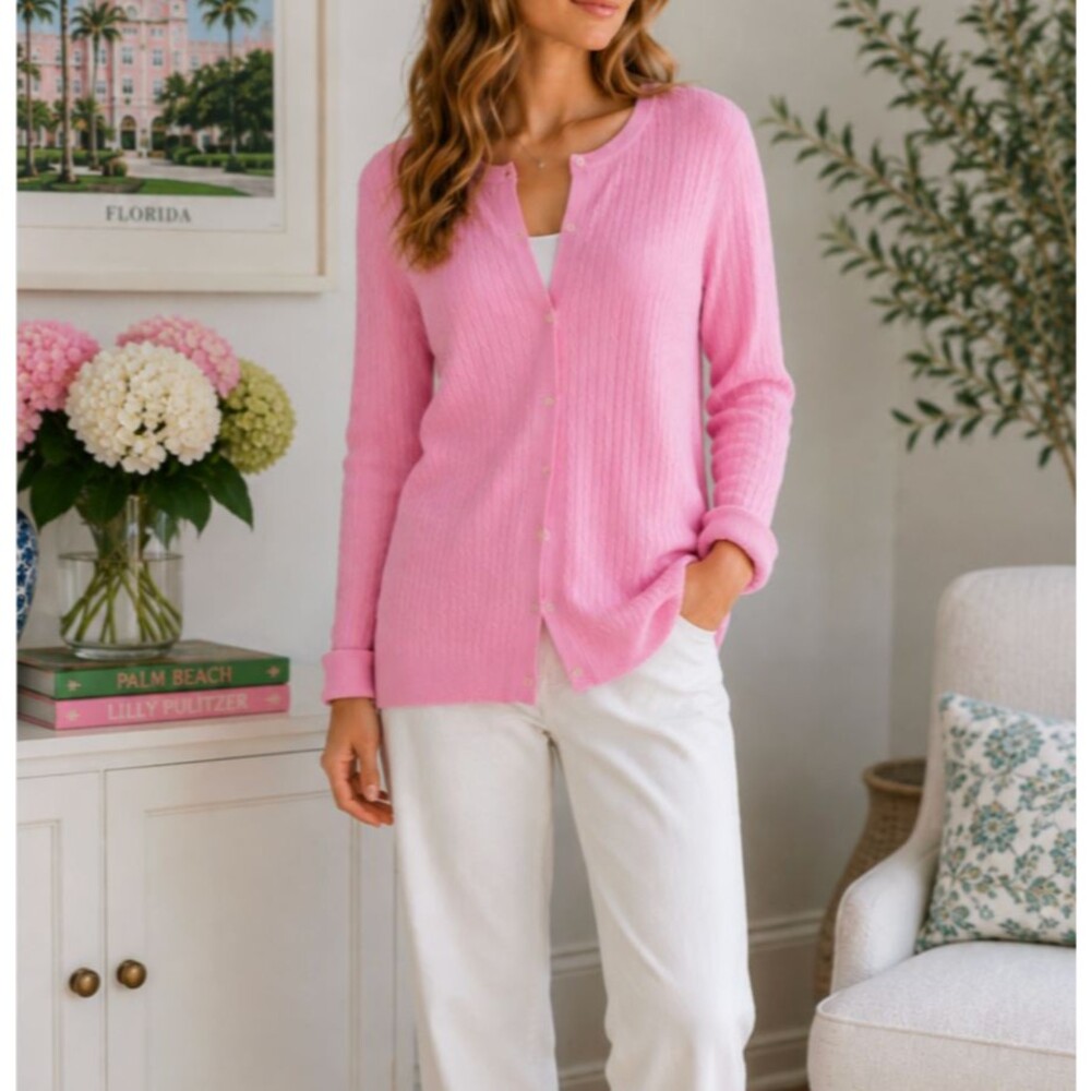 Vintage Lilly Pulitzer Pink Cable Knit Cardigan Cotton Y2K Preppy Classic Sz M